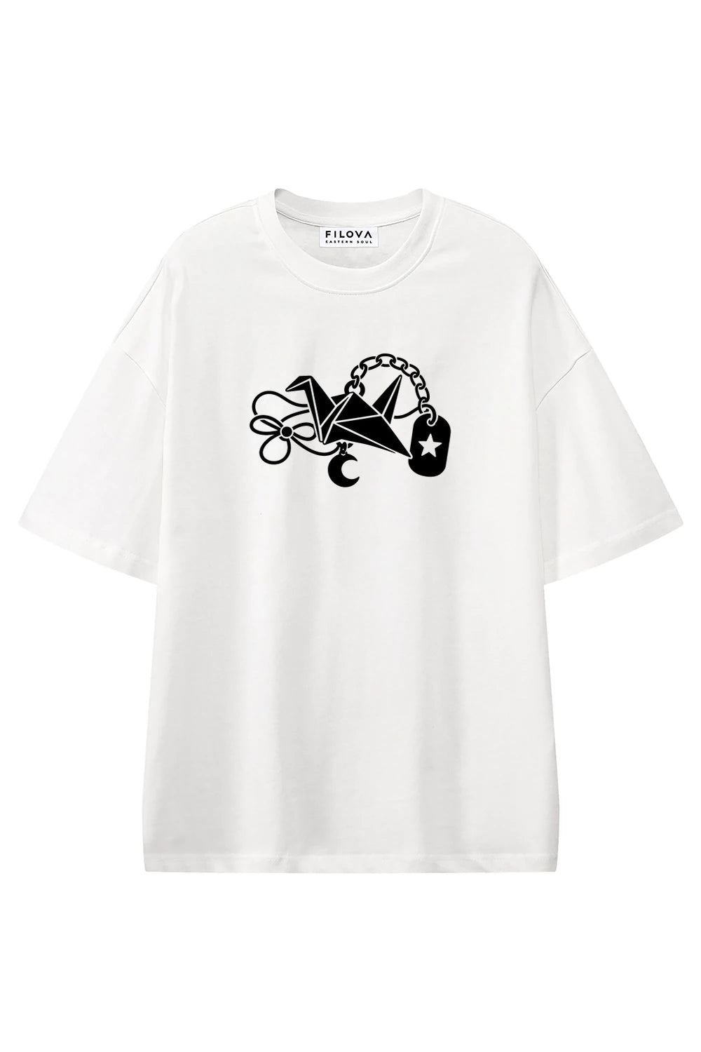 Lucky Crane Charm White graphic T-shirt, front view
