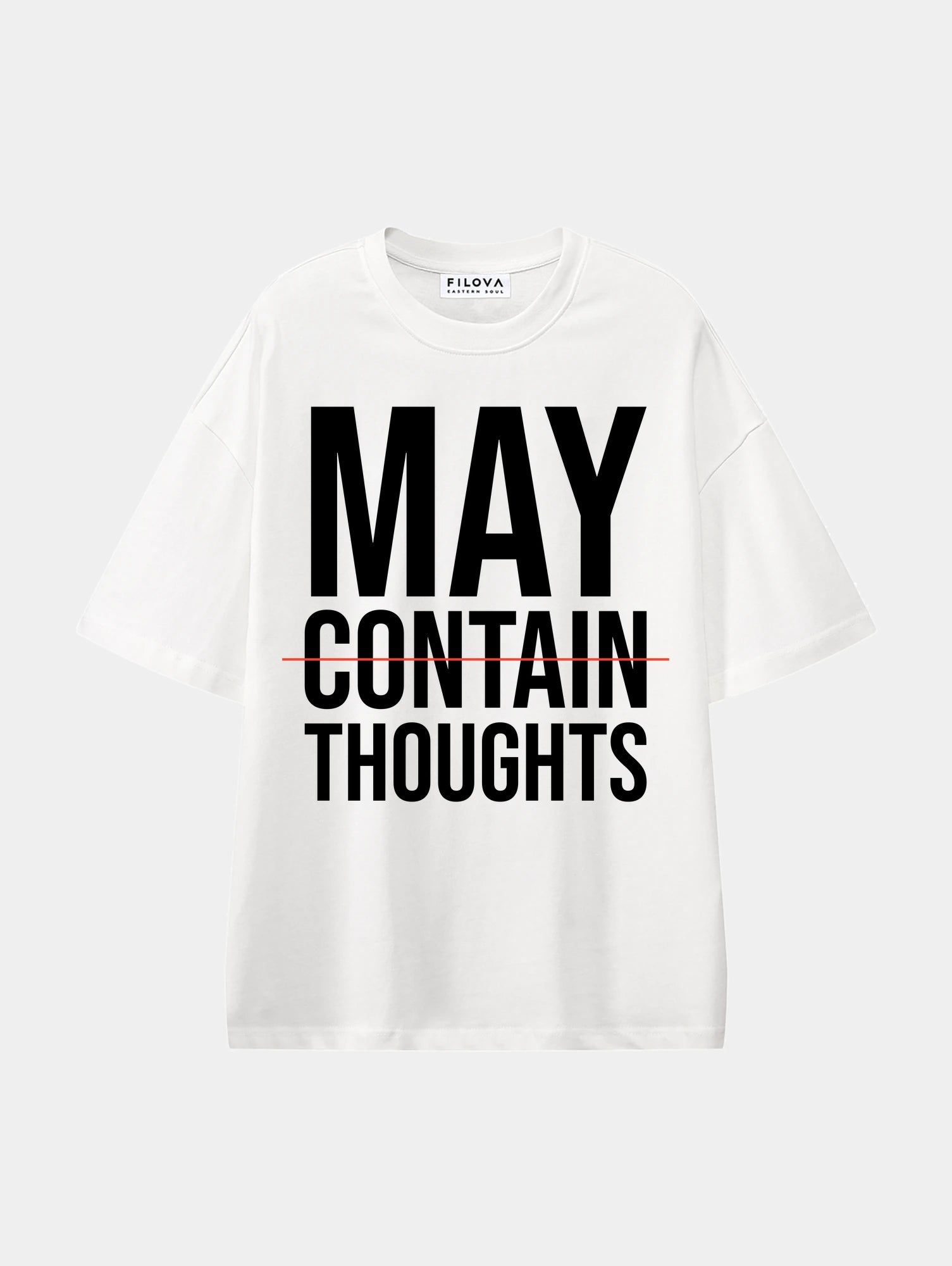 May Contain Thoughts White graphic T-shirt, front view
