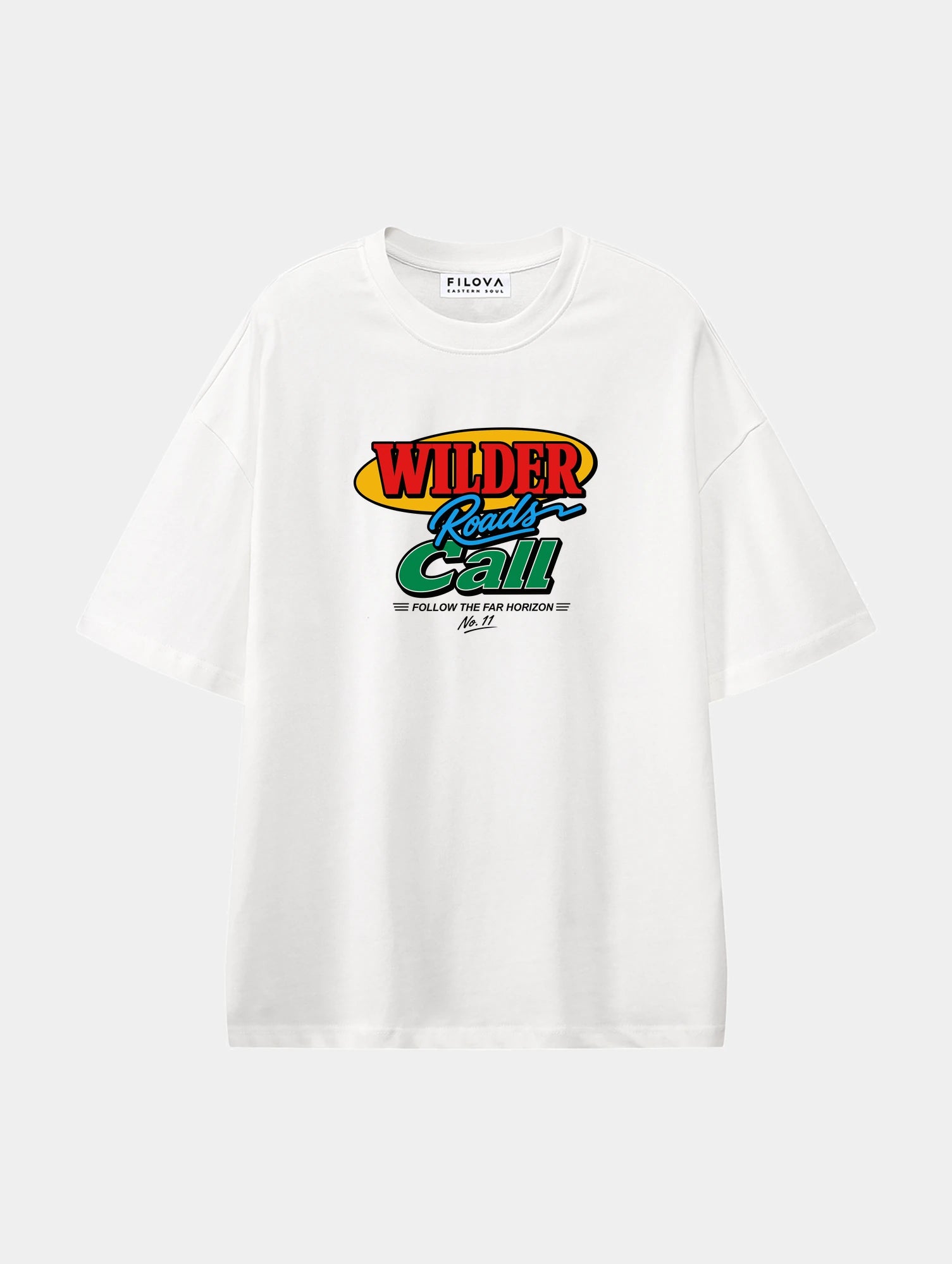 Wilder Roads Call White graphic T-shirt, front view