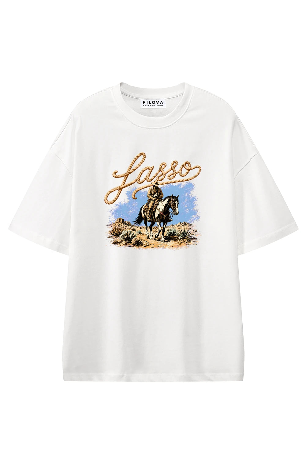 Lasso Run Rider White graphic T-shirt, front view