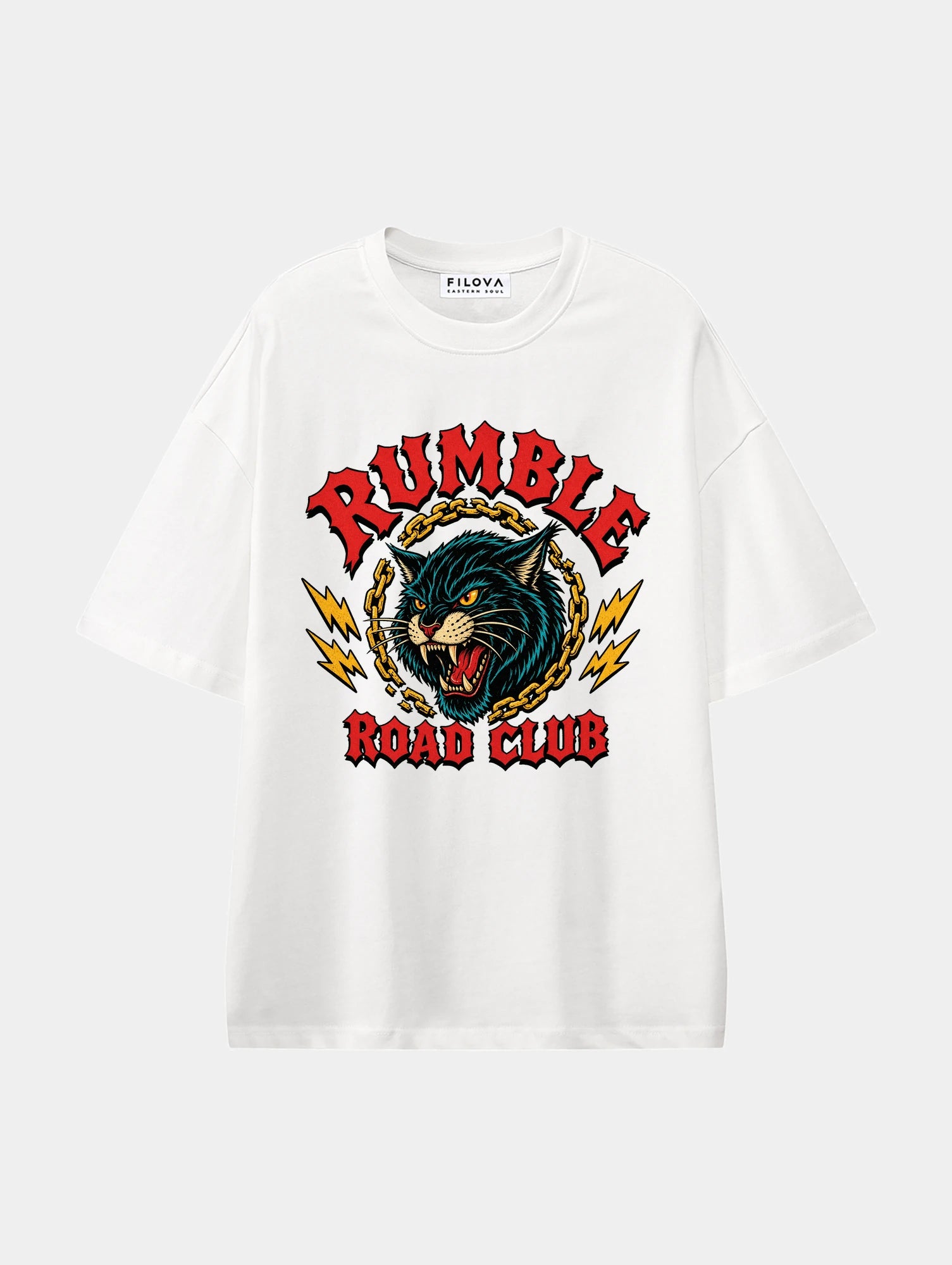 Rumble Road Club White graphic T-shirt, front view
