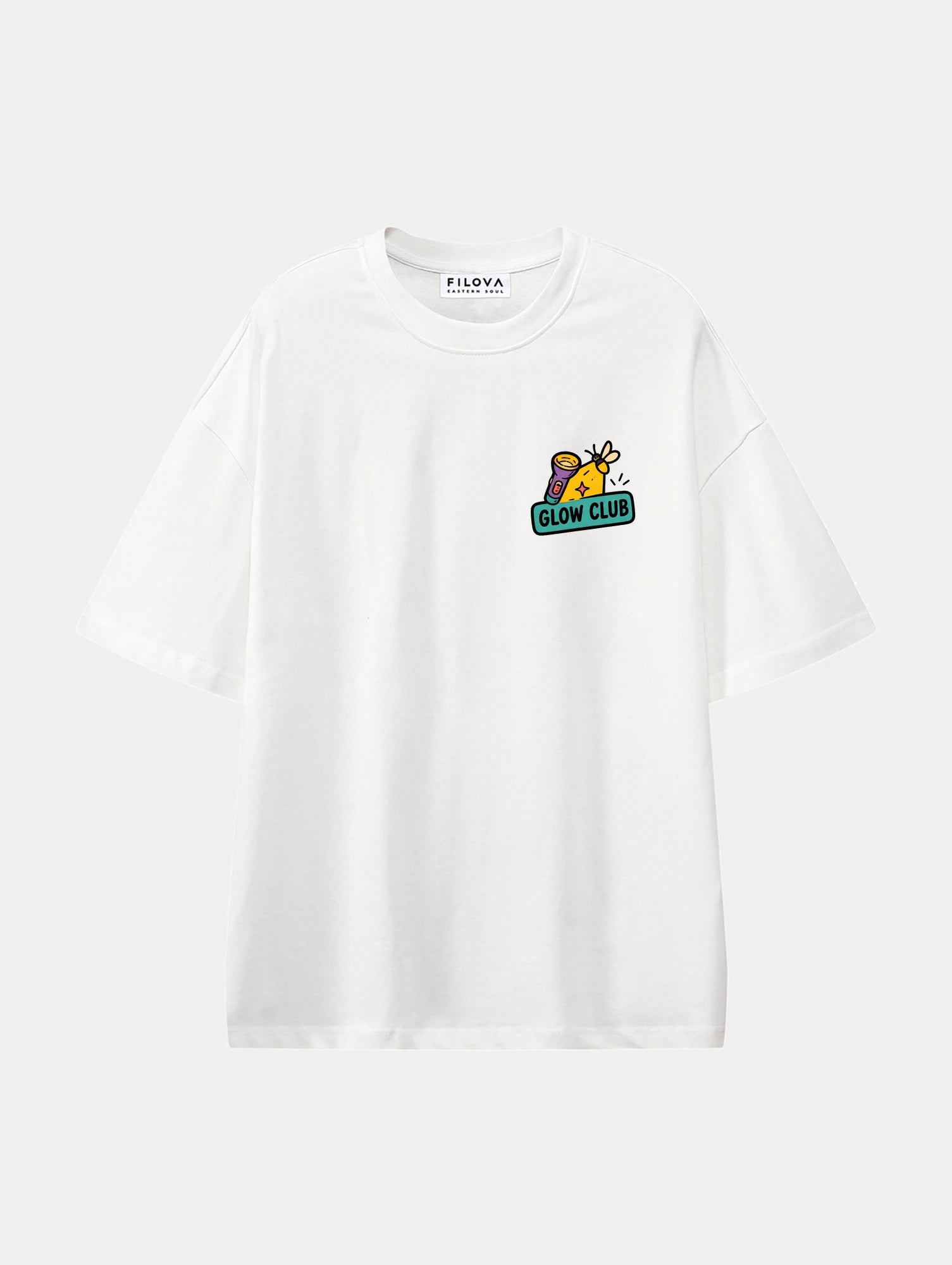 Night Glow Club White graphic T-shirt, front view