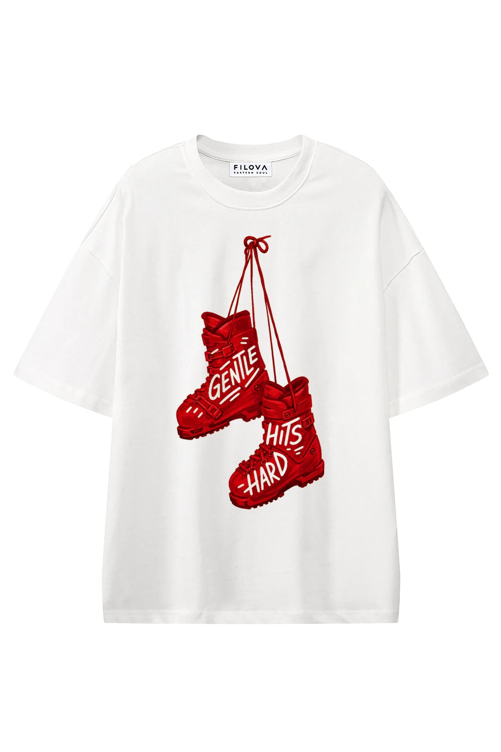 Gentle Hits Hard White graphic T-shirt, front view