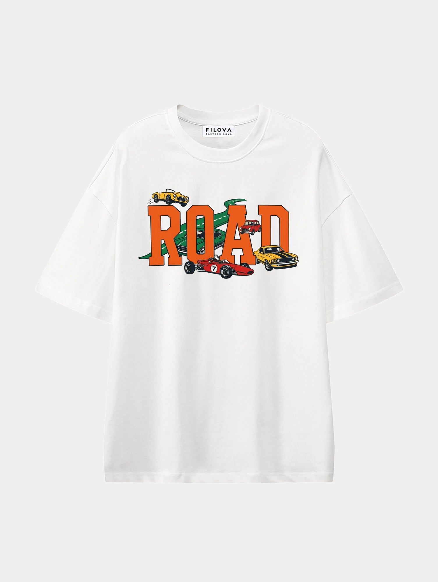 Road Rally White graphic T-shirt, front view