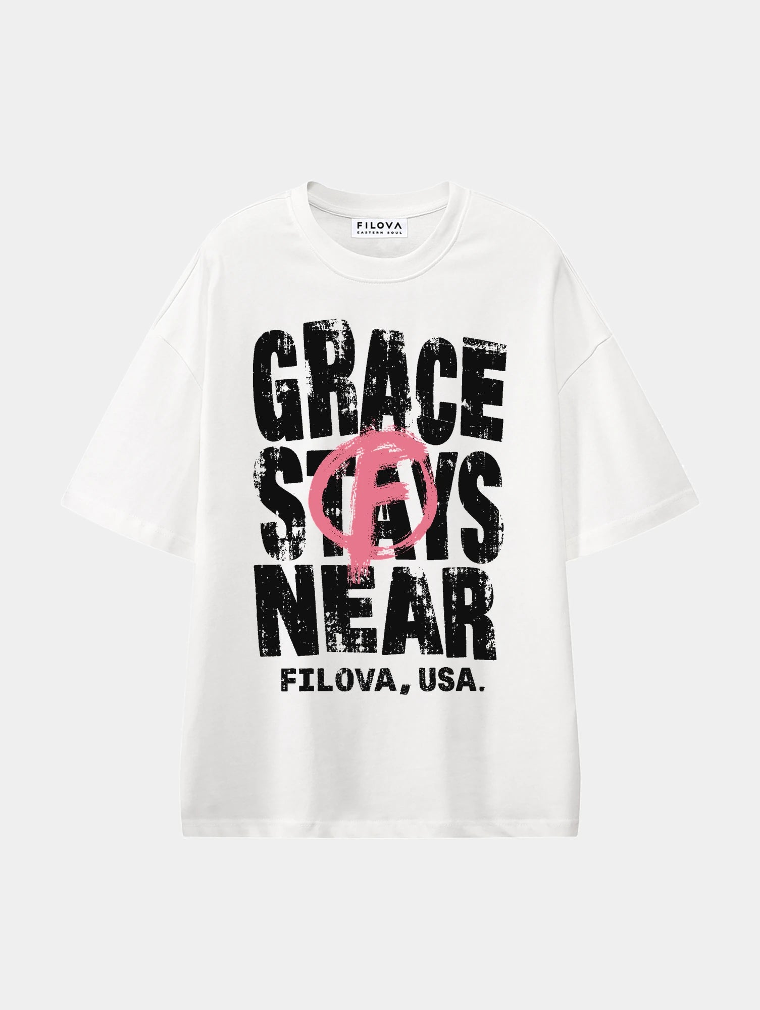 Grace Stays Near White graphic T-shirt, front view