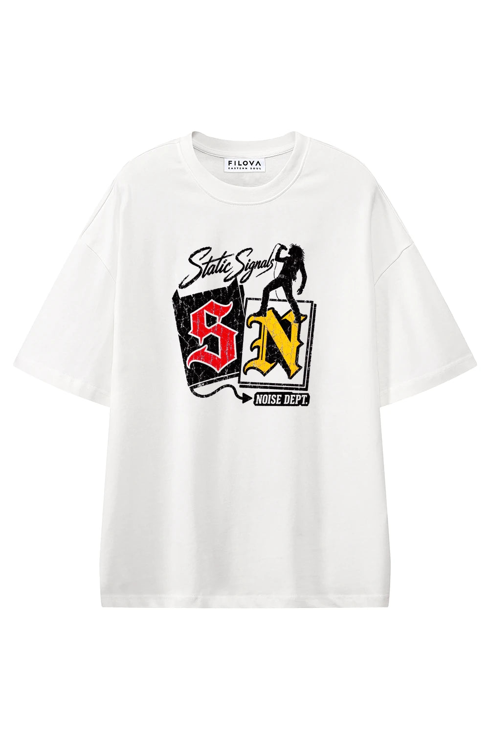 Static Signal White graphic T-shirt, front view