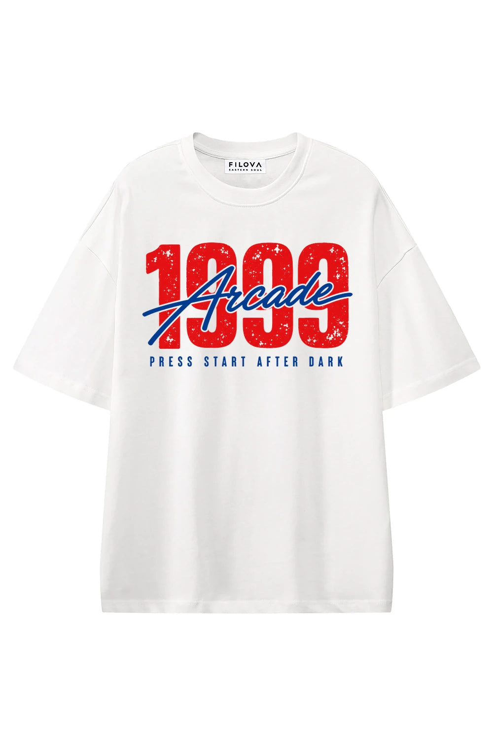 1999 Arcade White graphic T-shirt, front view