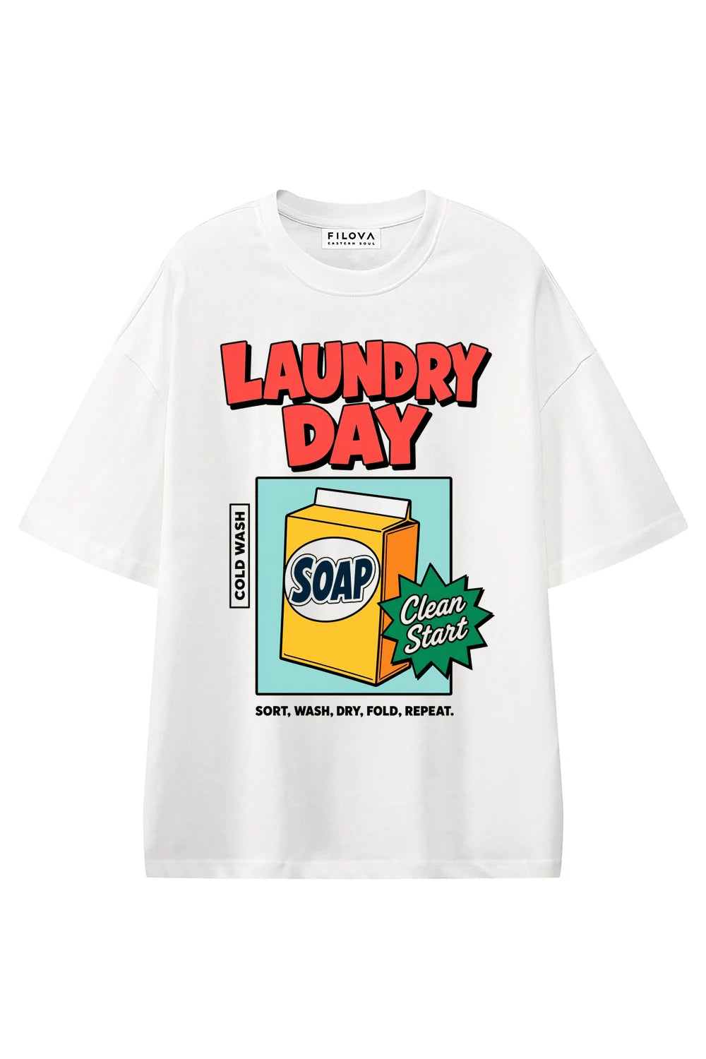 Laundry Day White graphic T-shirt, front view