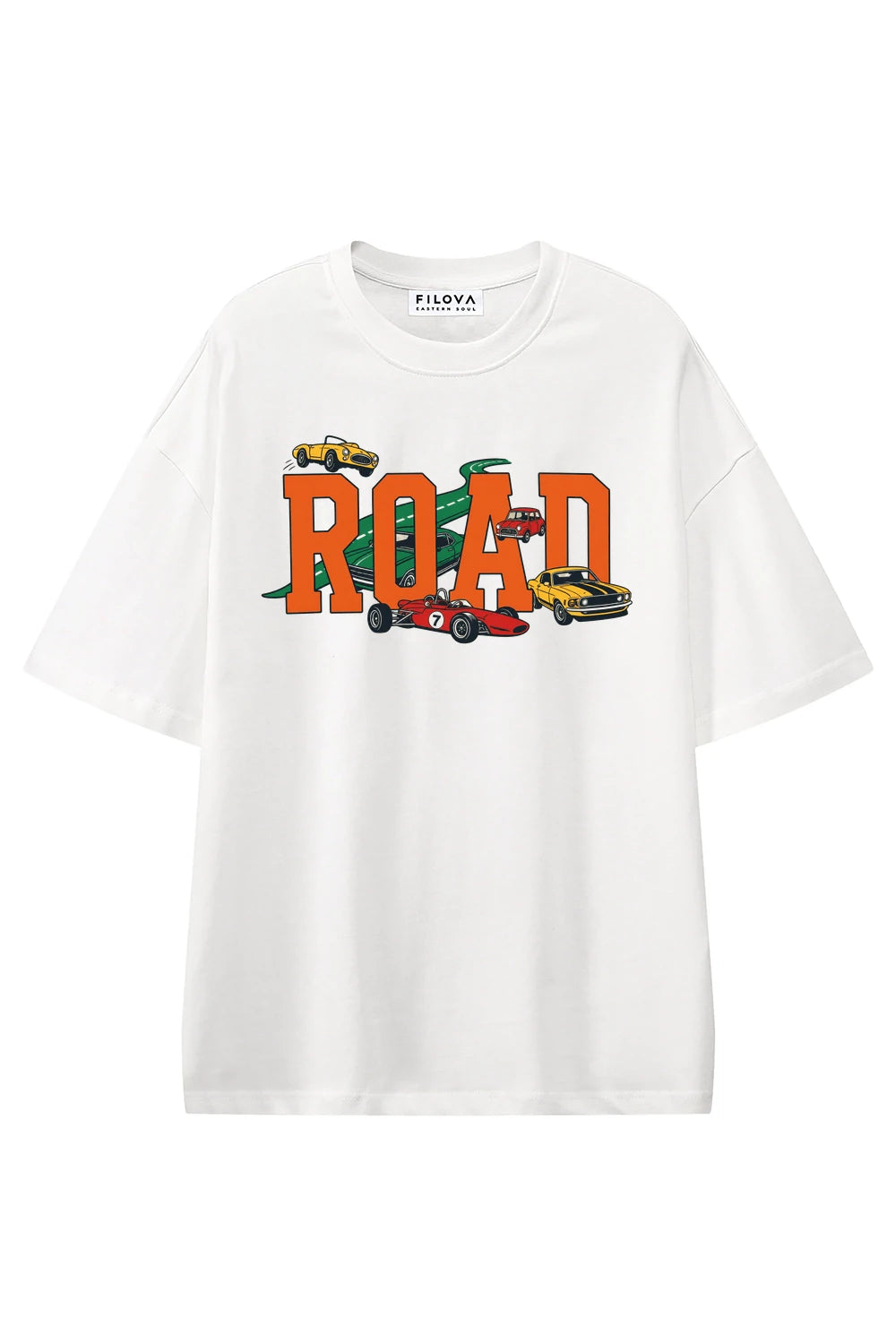 Road Rally White graphic T-shirt, front view