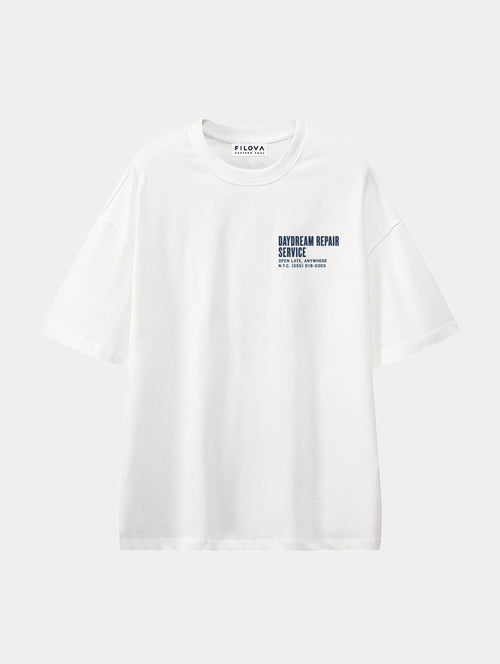 Daydream Repair Service White graphic T-shirt, front view