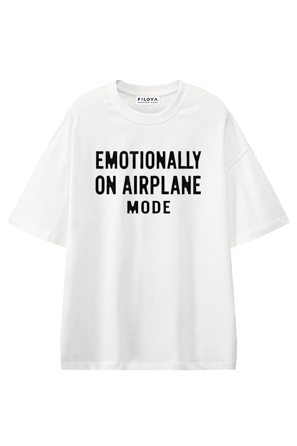 Emotionally On Airplane Mode White graphic T-shirt, front view