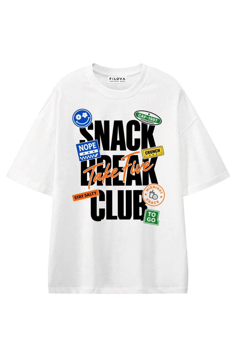 Snack Break Club White graphic T-shirt, front view