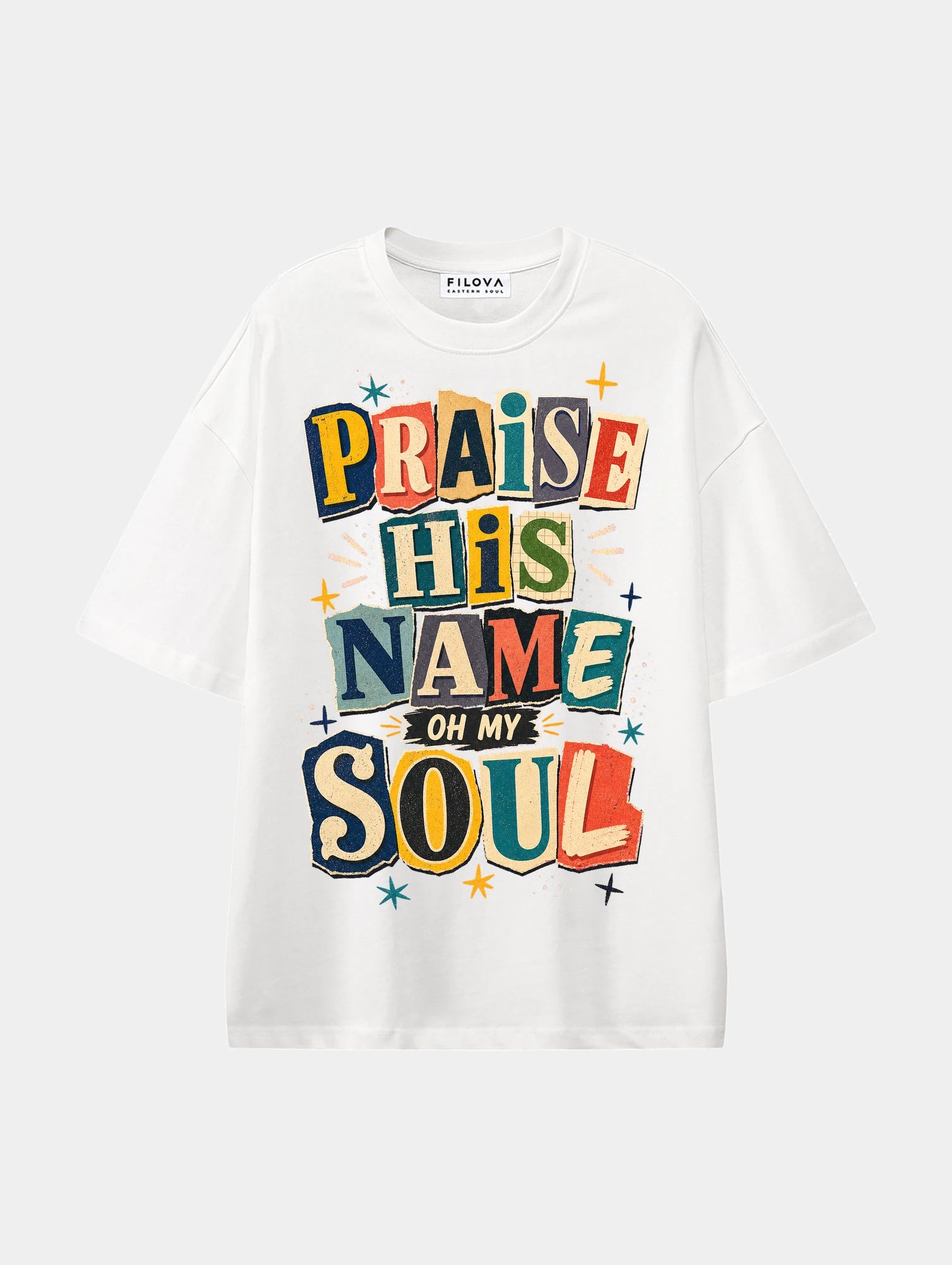 Praise His Name Soul White graphic T-shirt, front view
