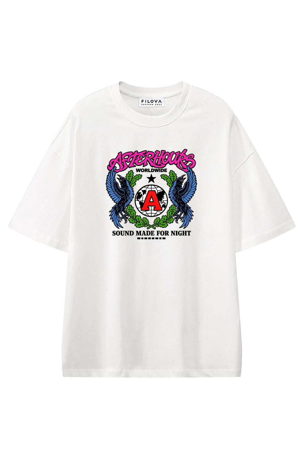 Afterhours Worldwide White graphic T-shirt, front view