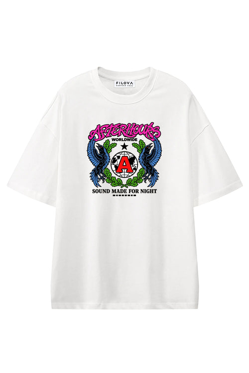 Afterhours Worldwide White graphic T-shirt, front view