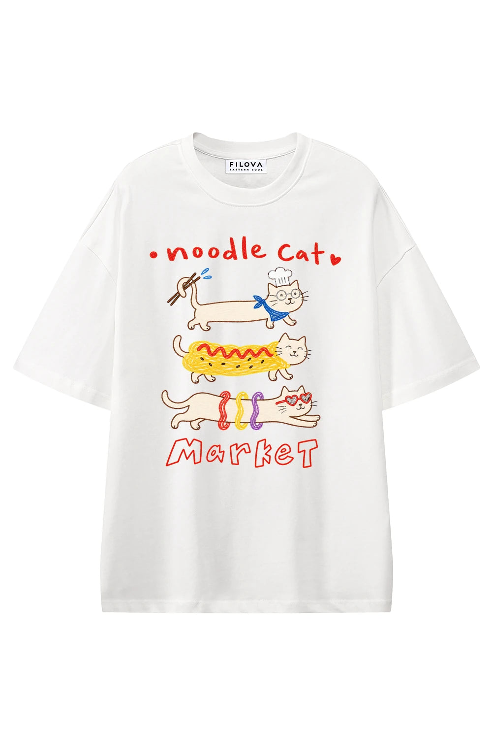 Noodle Cat Market White graphic T-shirt, front view