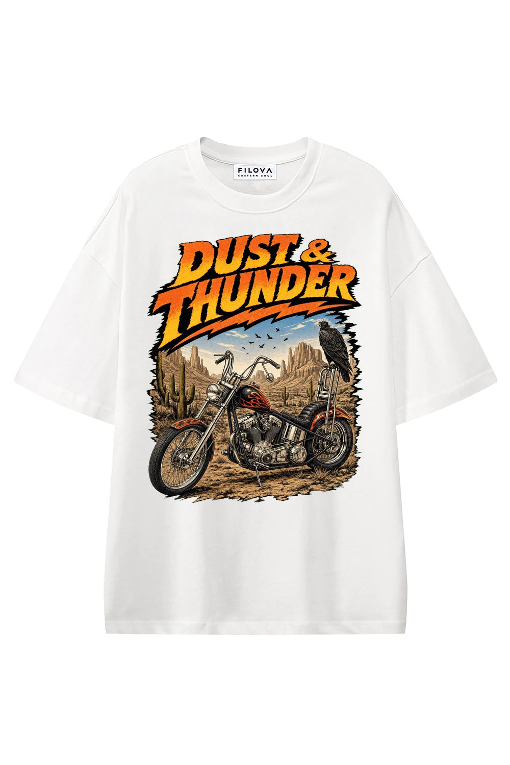 Dust And Thunder White graphic T-shirt, front view
