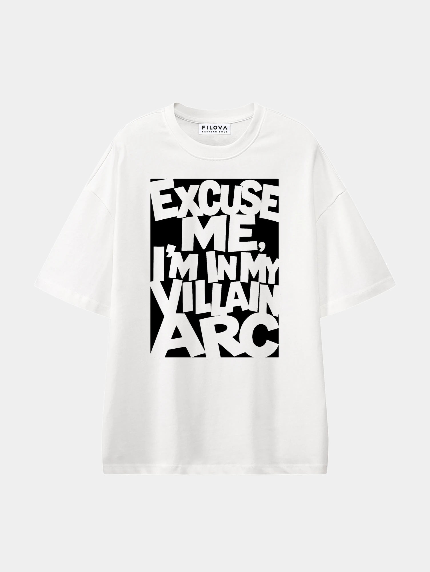 Excuse Me Im In My Villain Arc White graphic T-shirt, front view