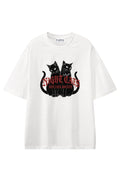 Night Cats Society White graphic T-shirt, front view