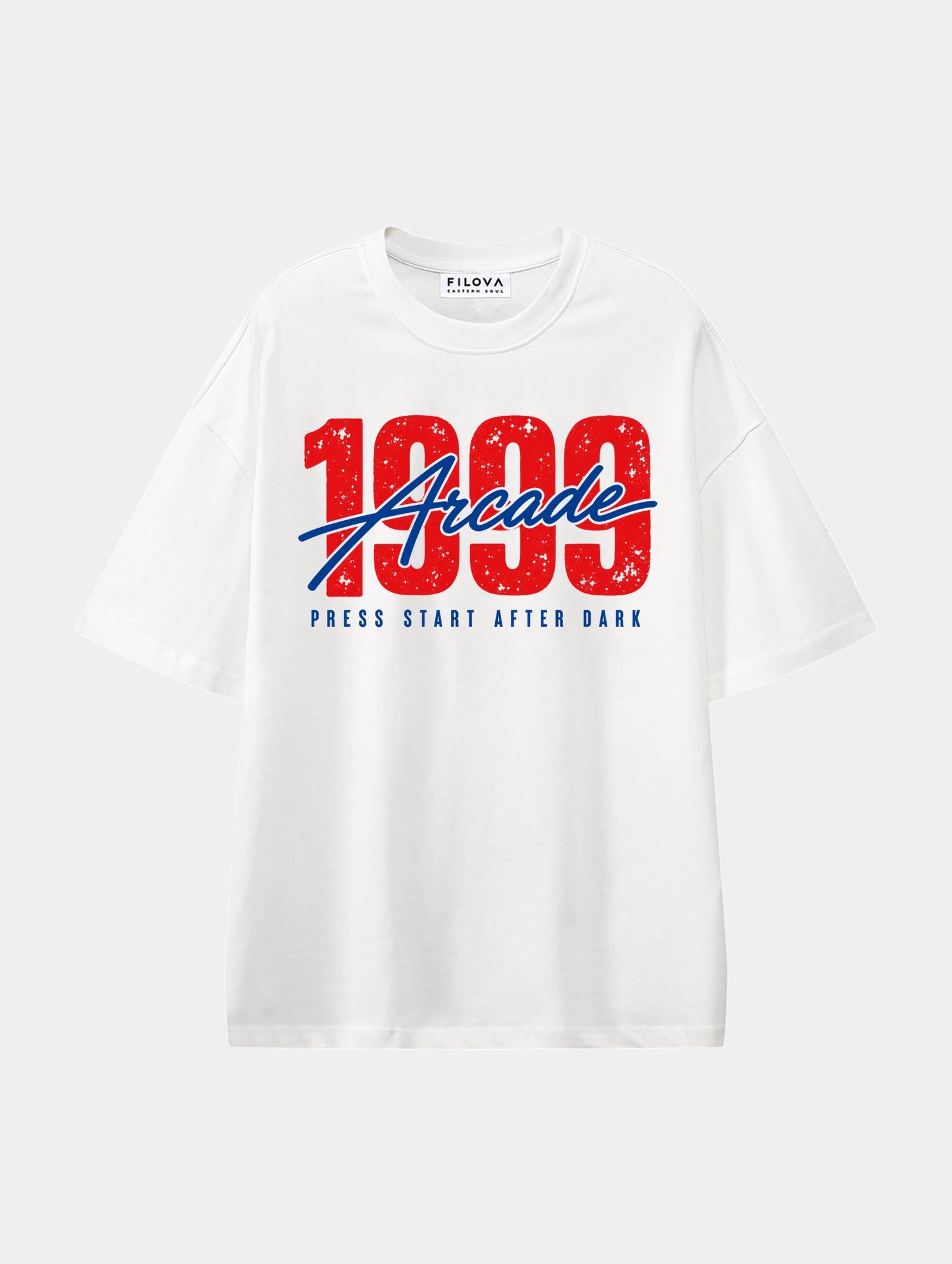 1999 Arcade White graphic T-shirt, front view