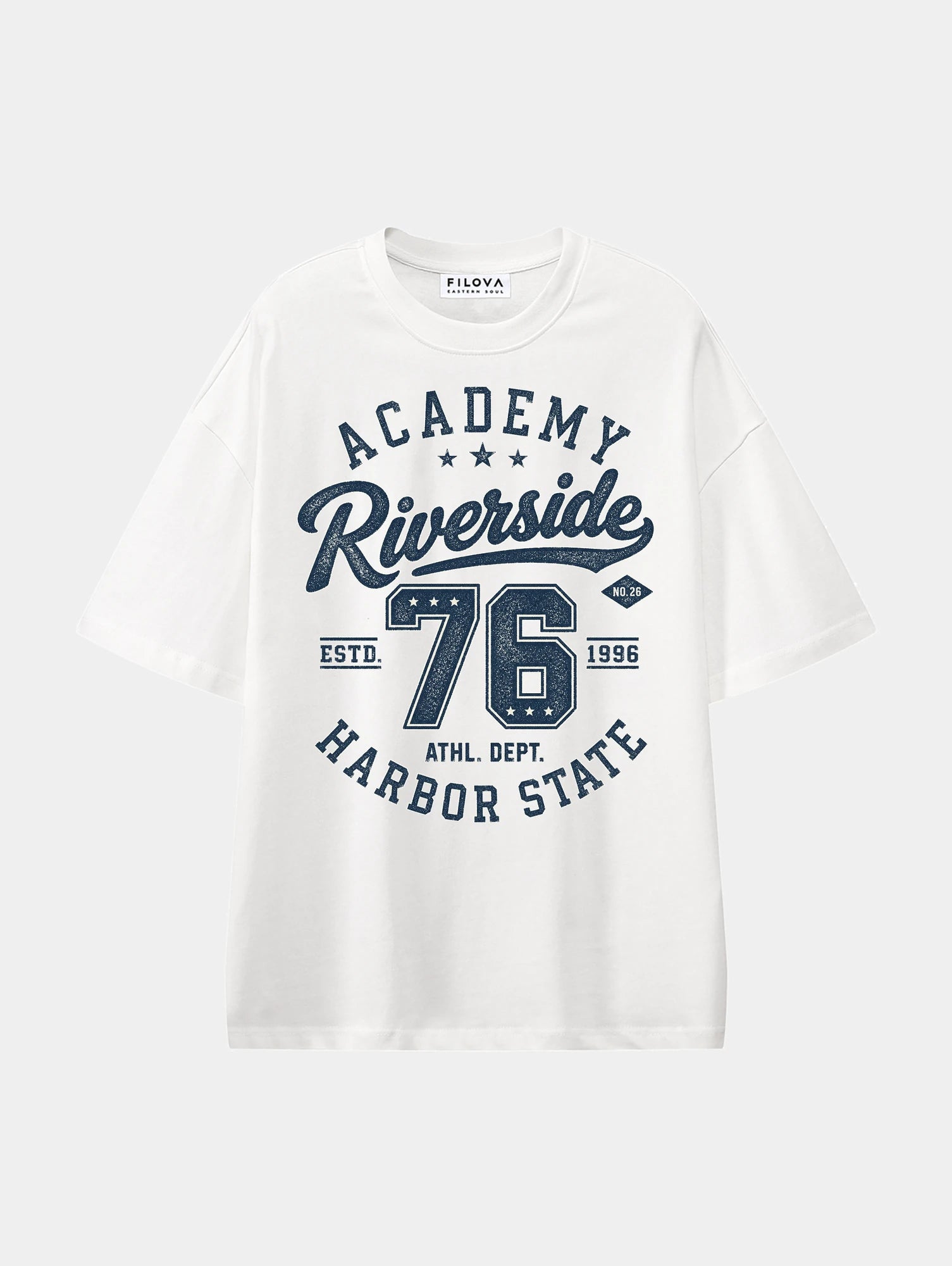 Riverside Academy White graphic T-shirt, front view