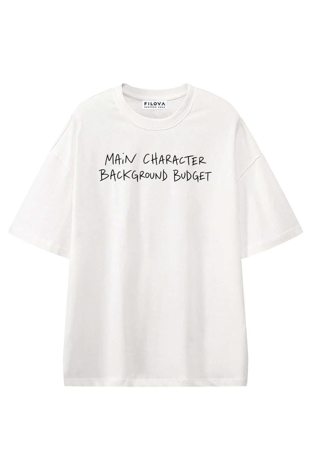 Main Character Background Budget White graphic T-shirt, front view