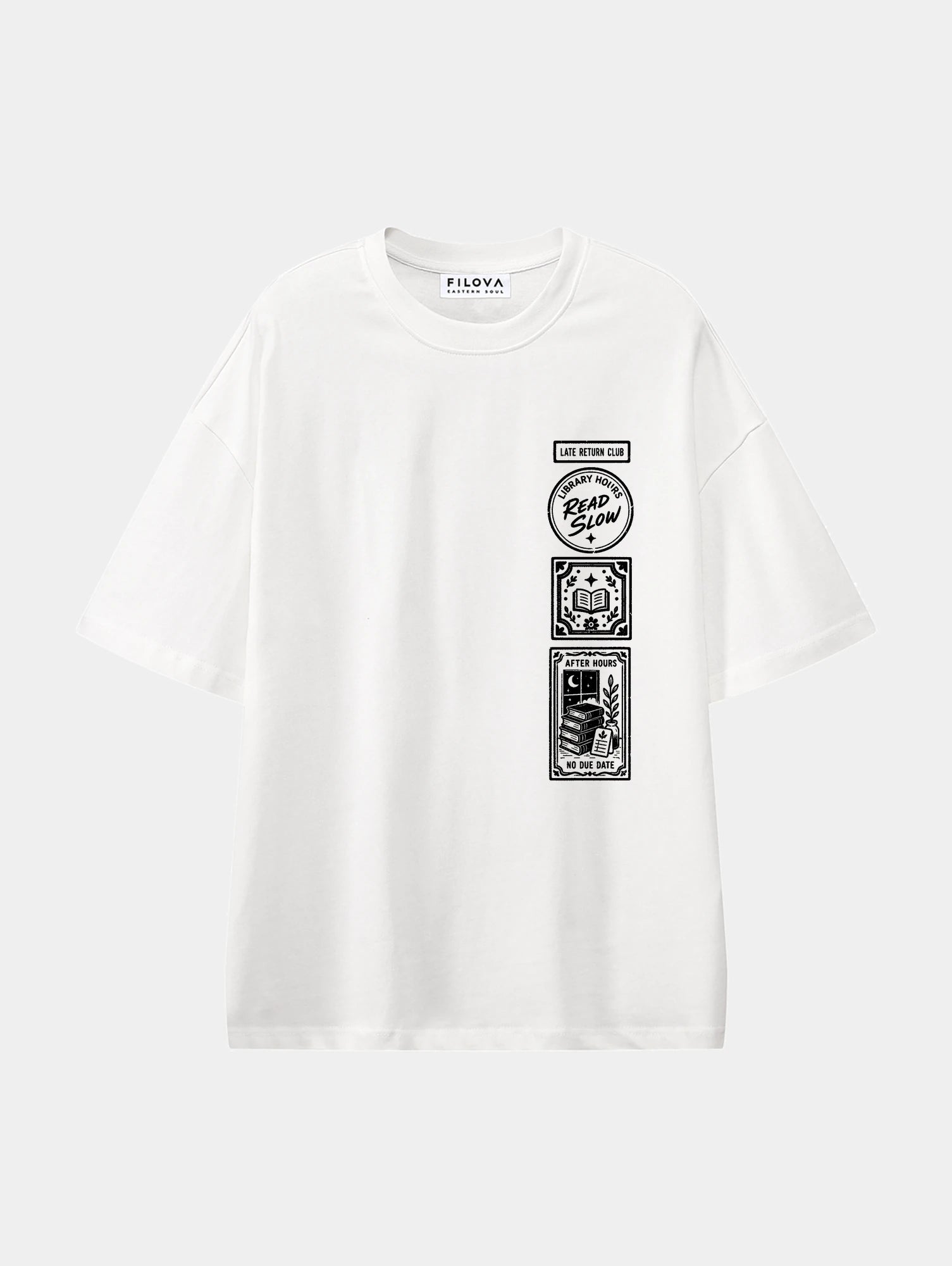 Late Return Club White graphic T-shirt, front view