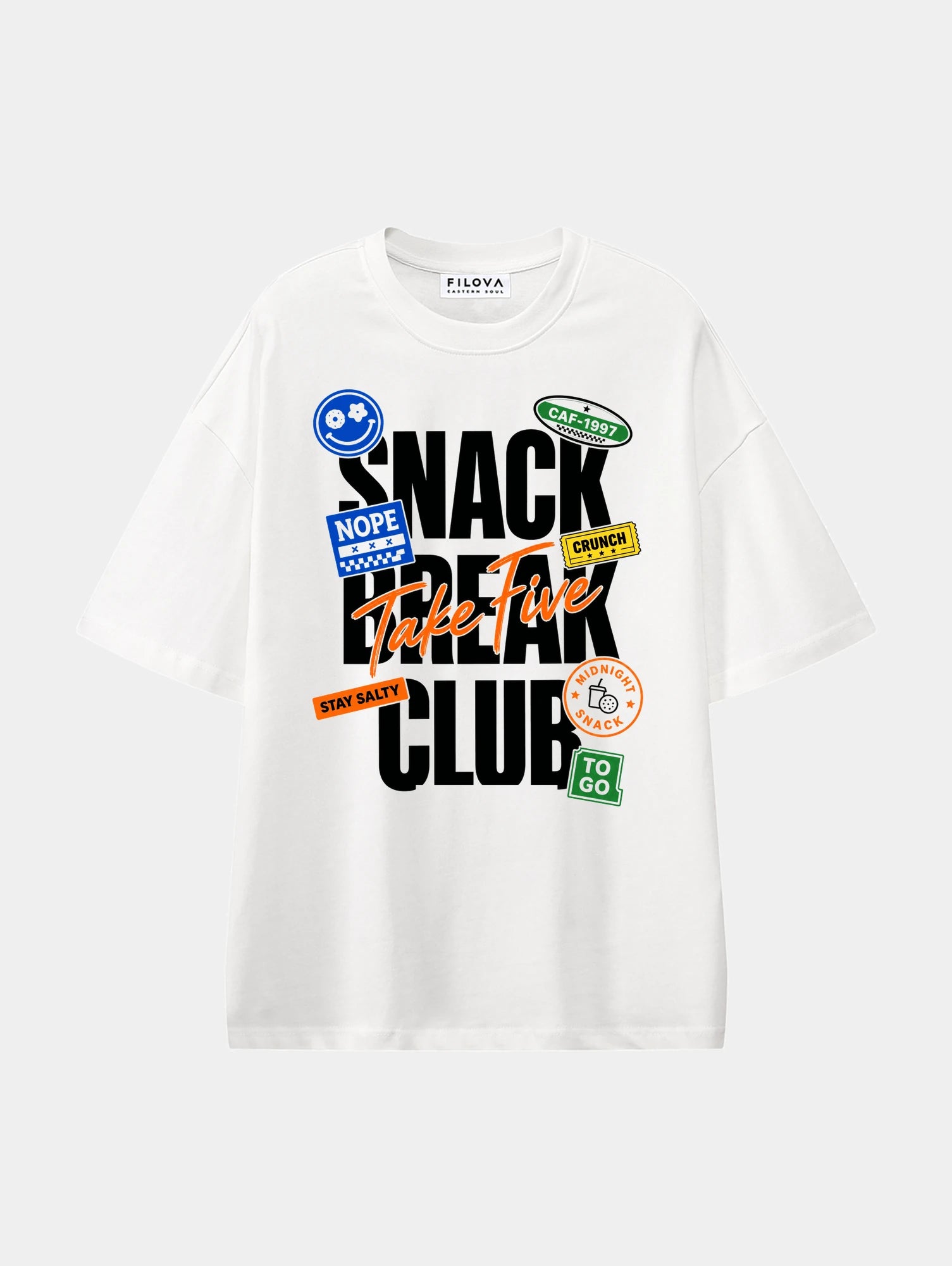 Snack Break Club White graphic T-shirt, front view