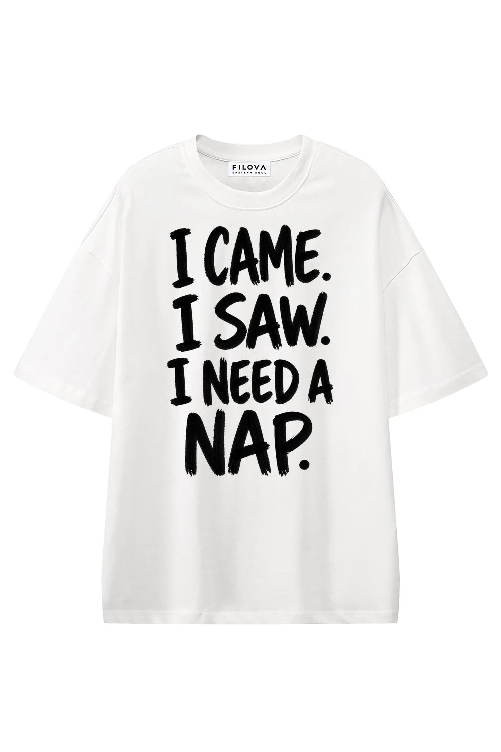 I Came I Saw I Need A Nap White graphic T-shirt, front view
