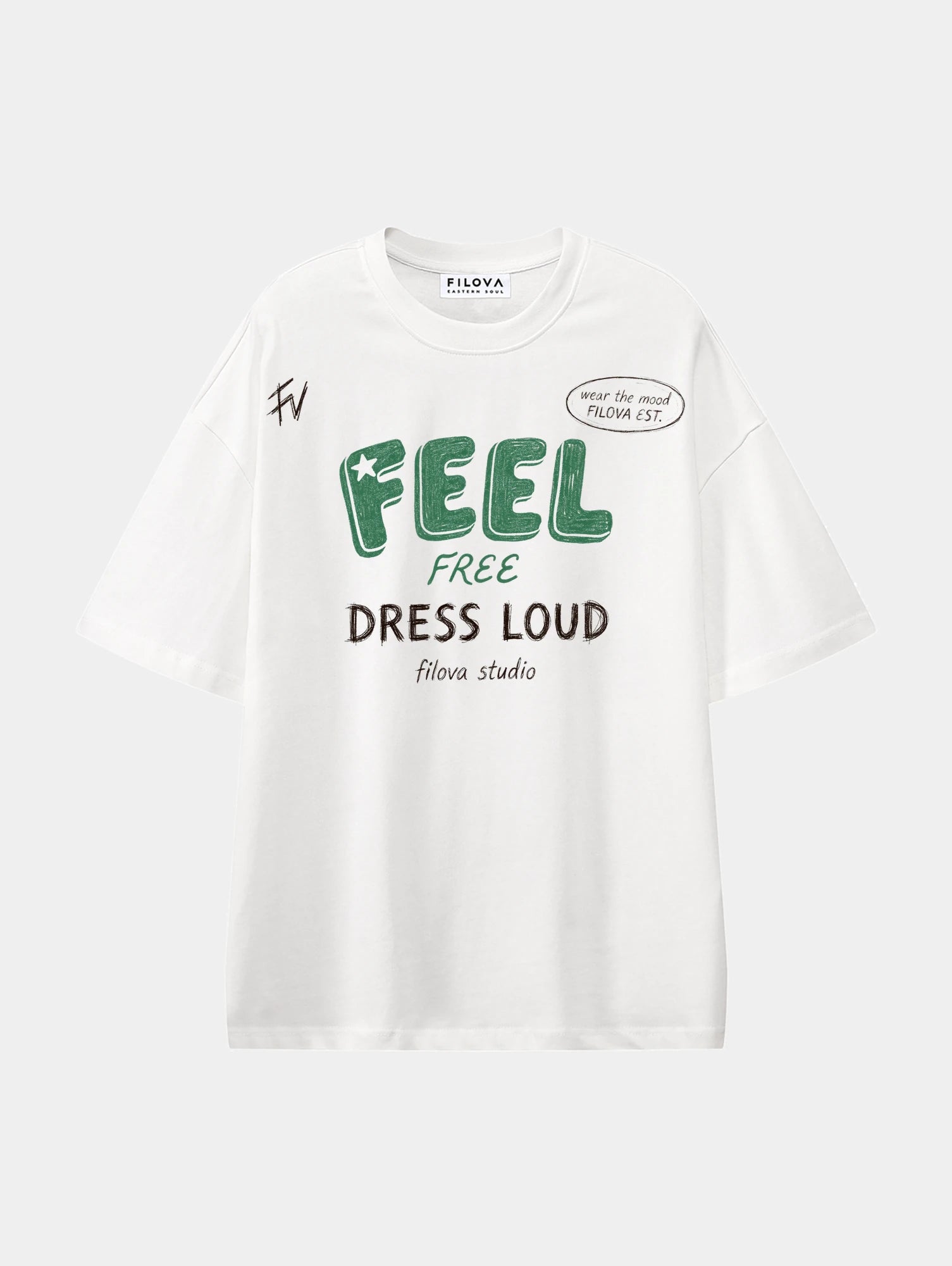 Feel Free Dress Loud White graphic T-shirt, front view