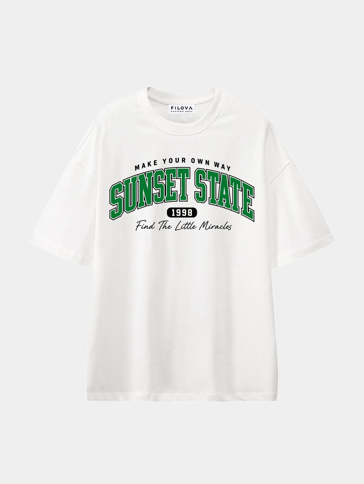 Sunset State White graphic T-shirt, front view