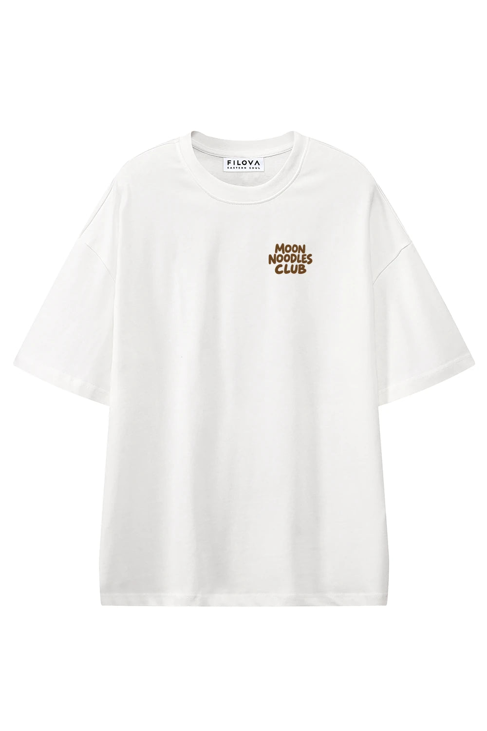Moon Noodle Club White graphic T-shirt, front view