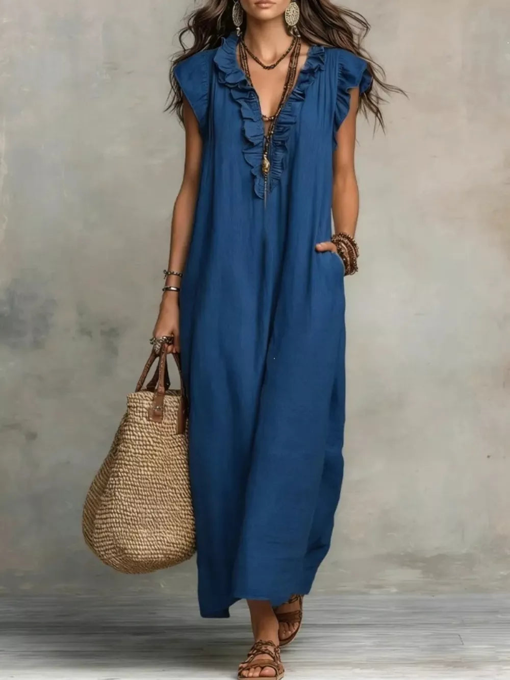 Ruffled V-Neck Cap-Sleeve Maxi Dress – view 7