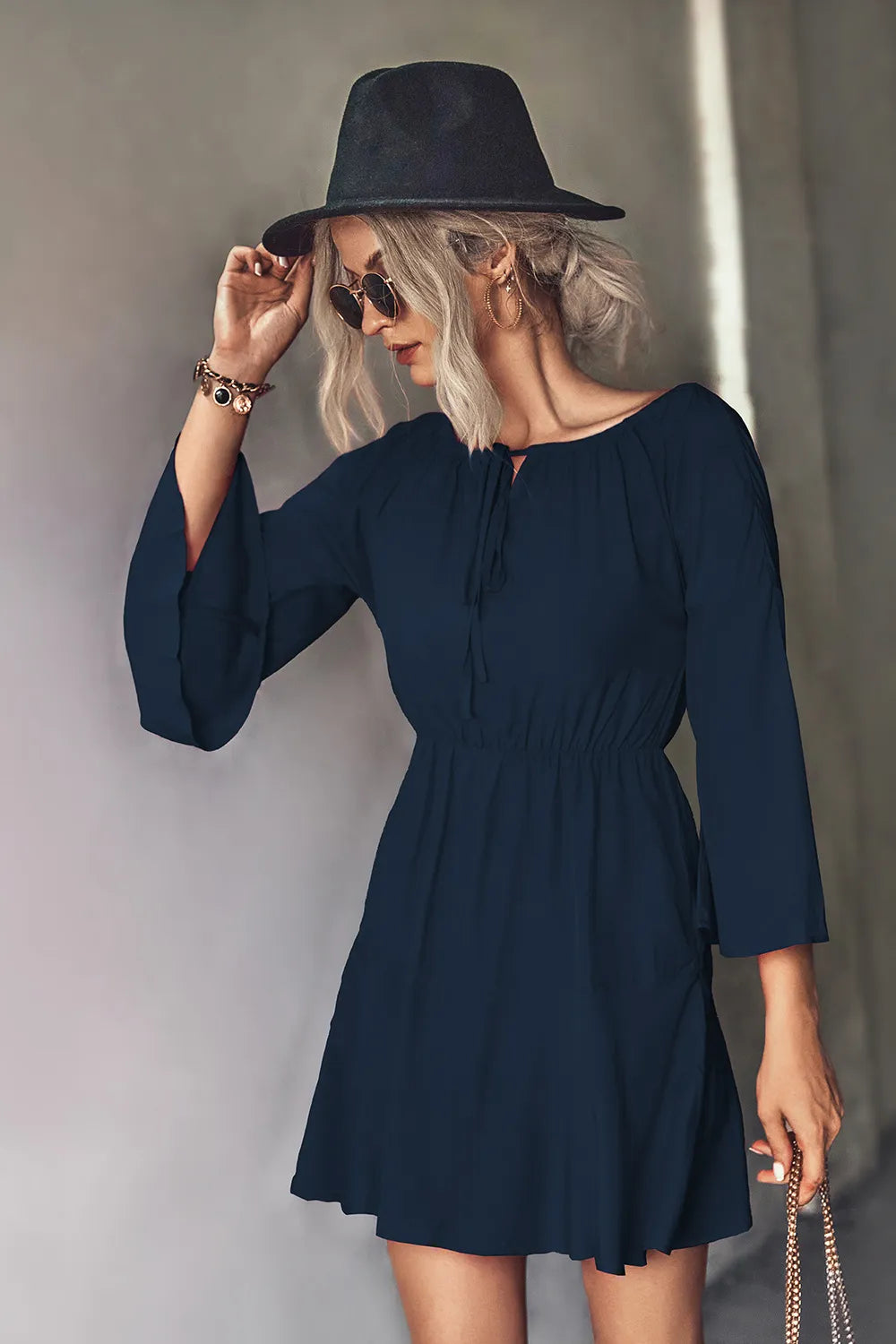 Tie-Neck Flare-Sleeve Mini Dress – view 11