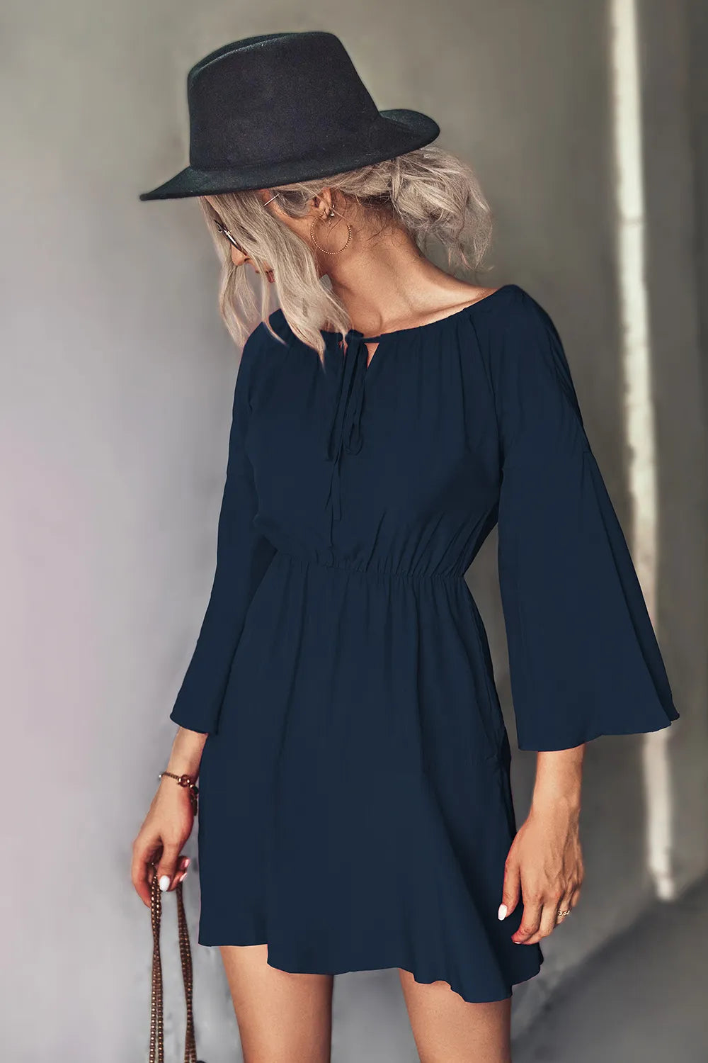 Tie-Neck Flare-Sleeve Mini Dress – view 8