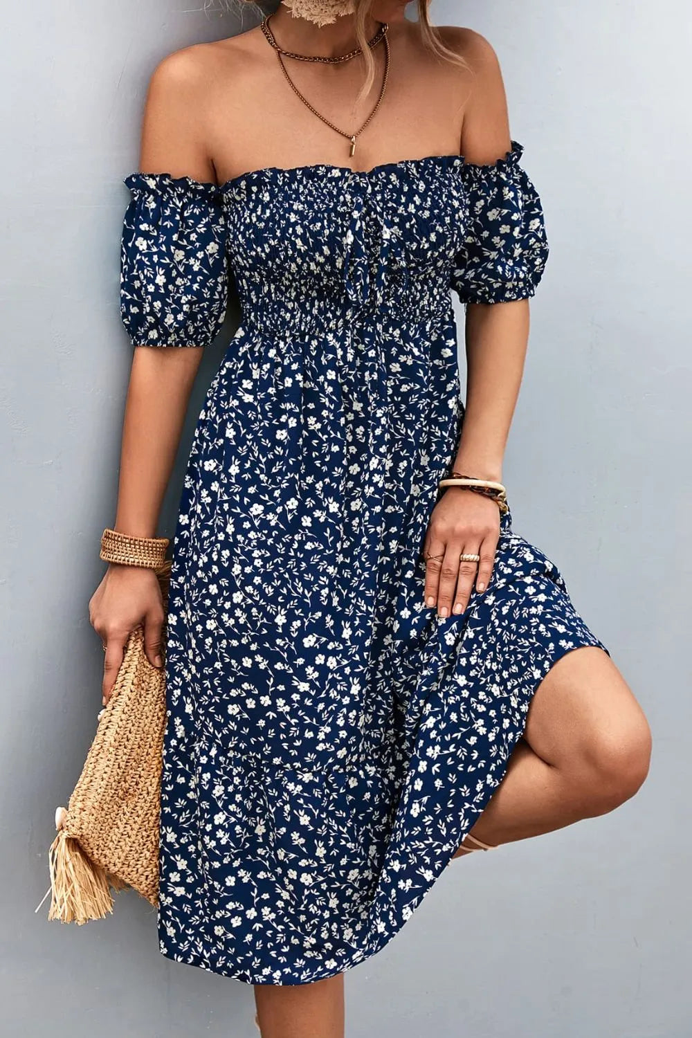 Ditsy Floral Smocked Off-Shoulder Dress – view 5