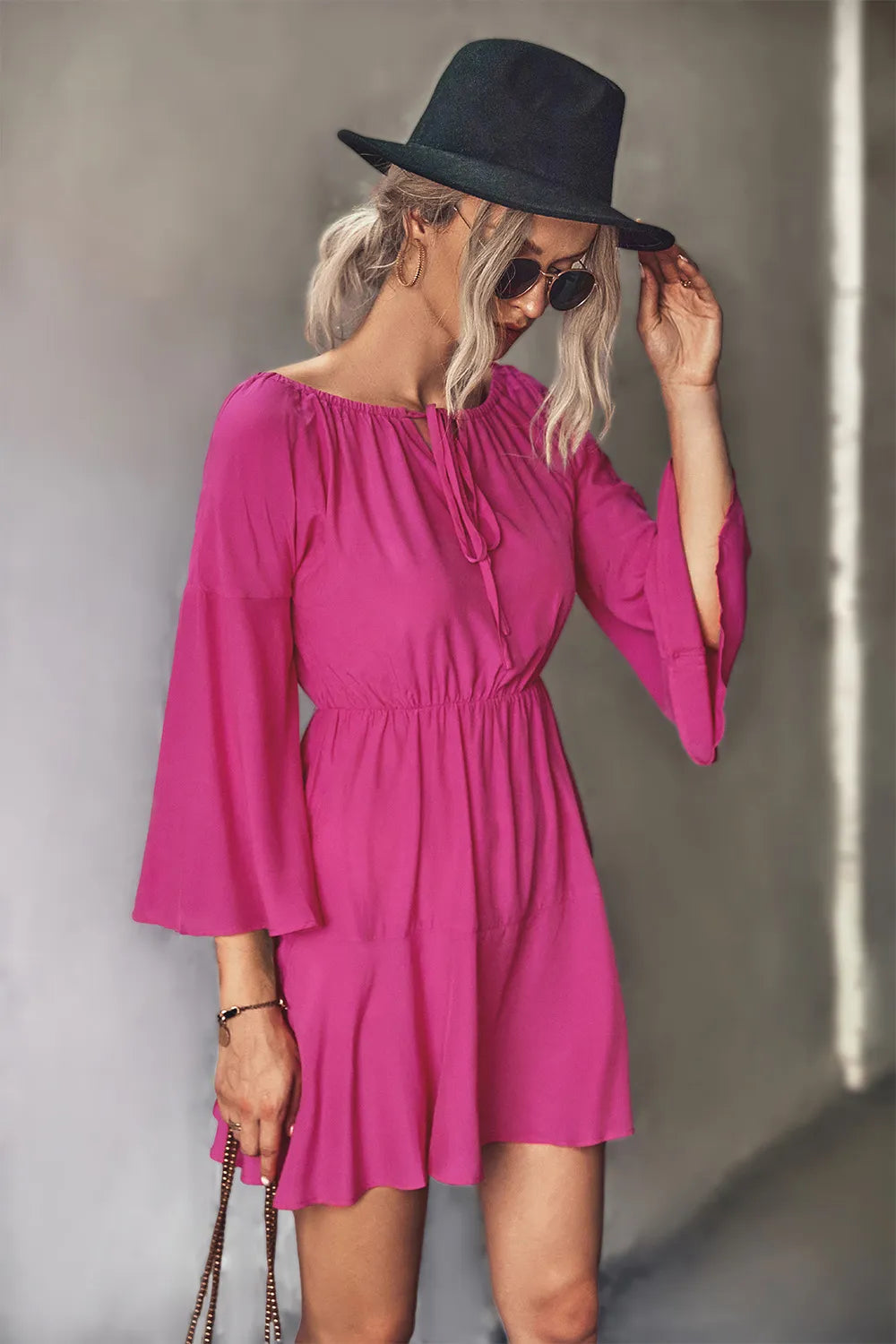 Tie-Neck Flare-Sleeve Mini Dress – view 4