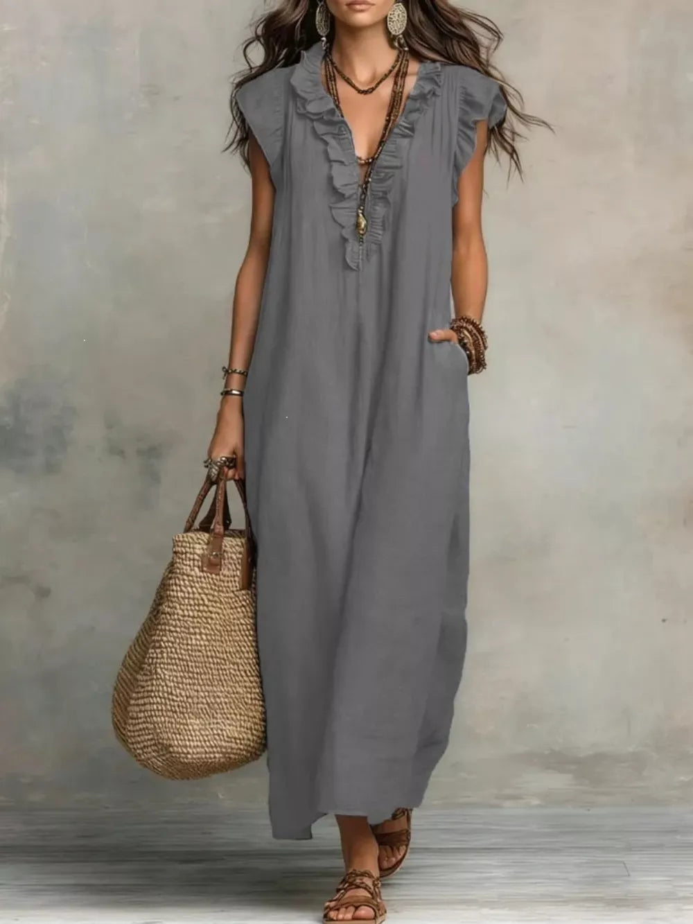 Ruffled V-Neck Cap-Sleeve Maxi Dress – view 9