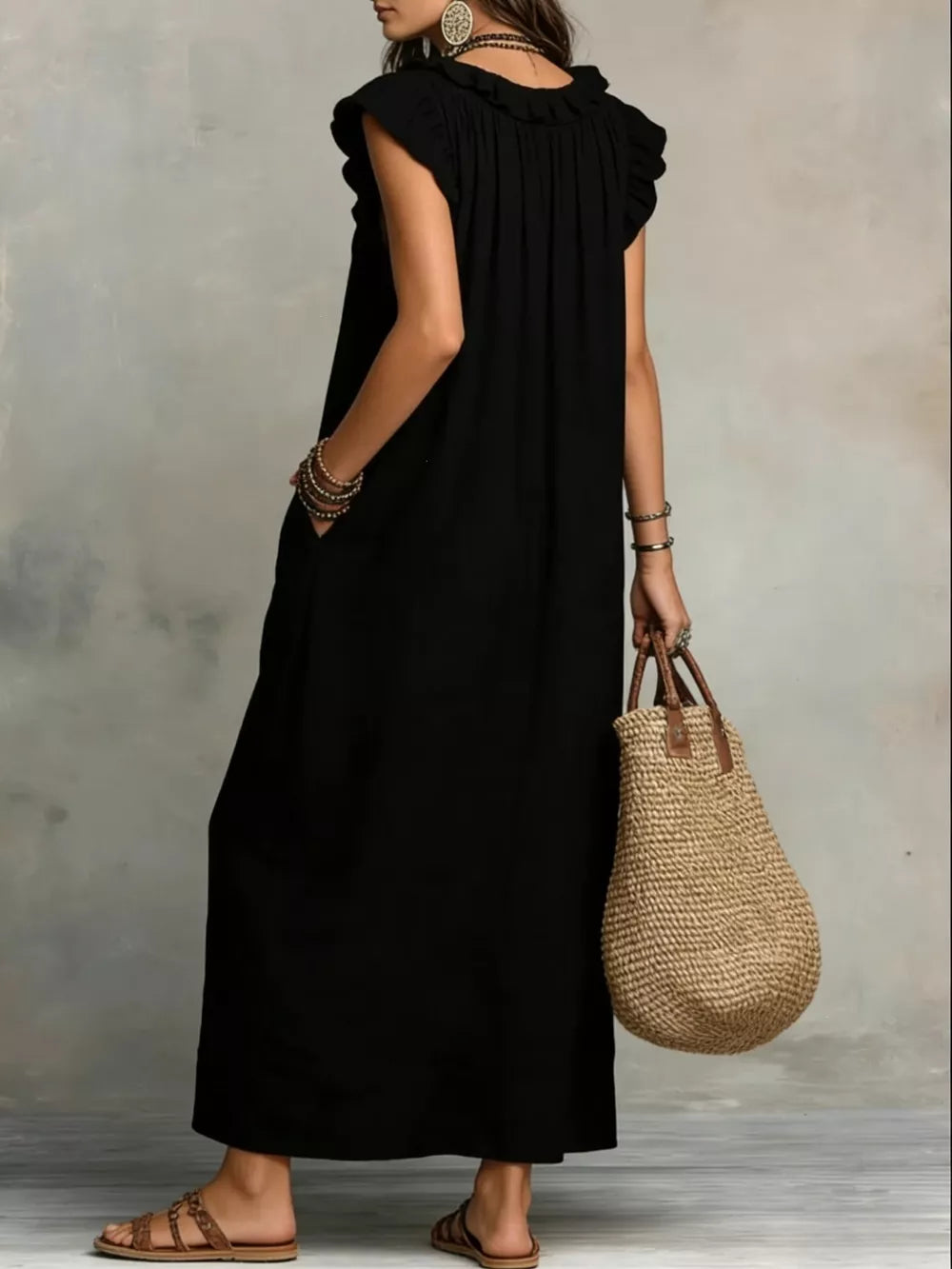 Ruffled V-Neck Cap-Sleeve Maxi Dress – view 6
