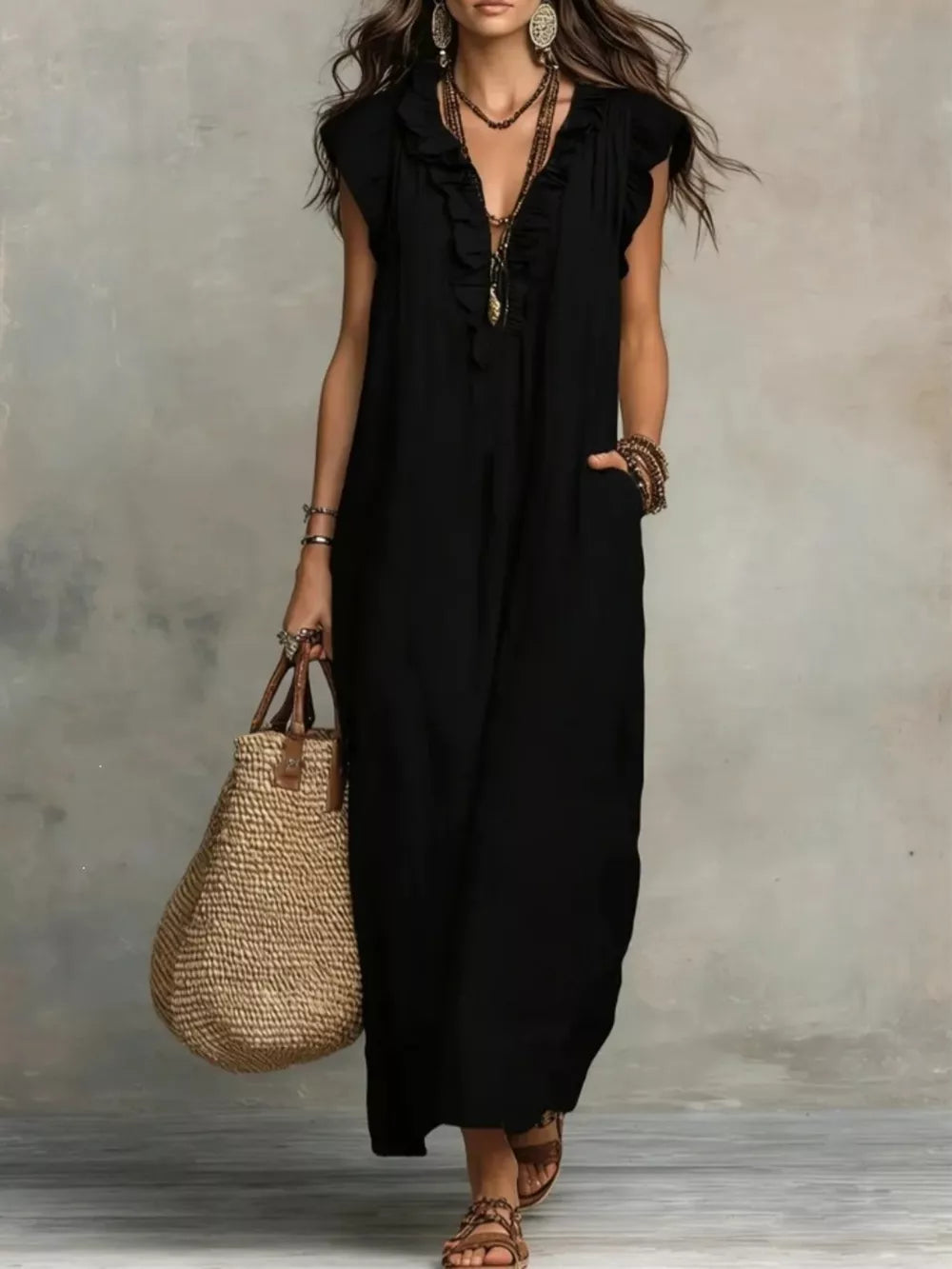Ruffled V-Neck Cap-Sleeve Maxi Dress – view 4
