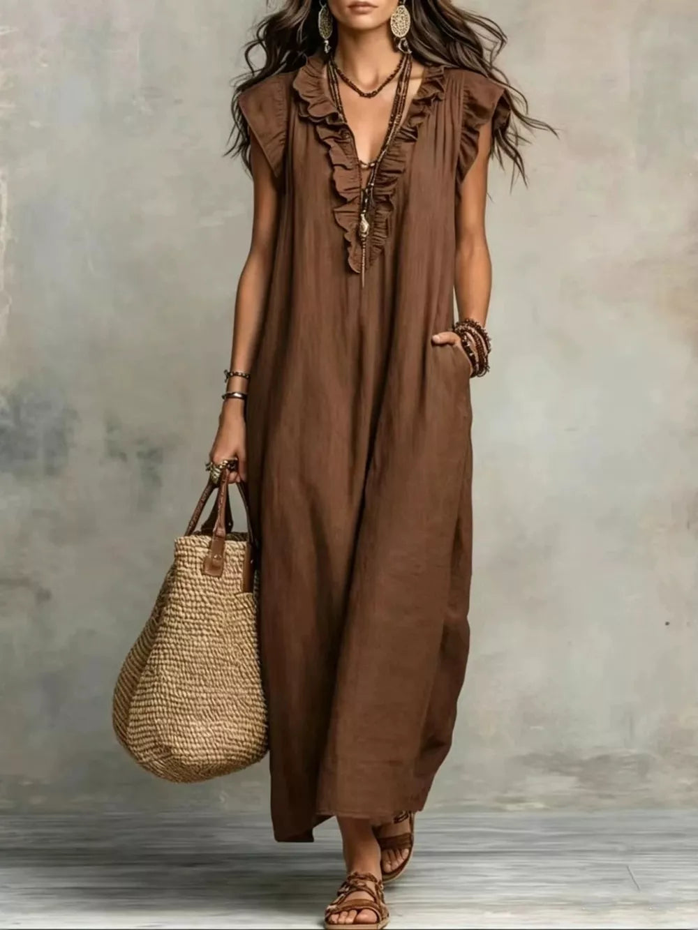 Ruffled V-Neck Cap-Sleeve Maxi Dress – view 8