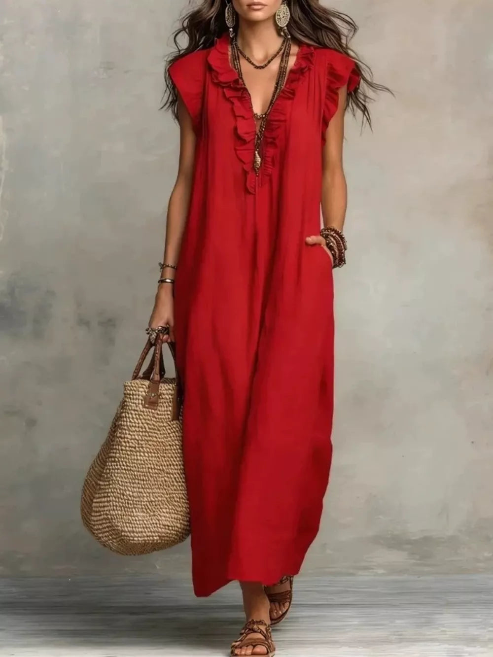 Ruffled V-Neck Cap-Sleeve Maxi Dress – view 10