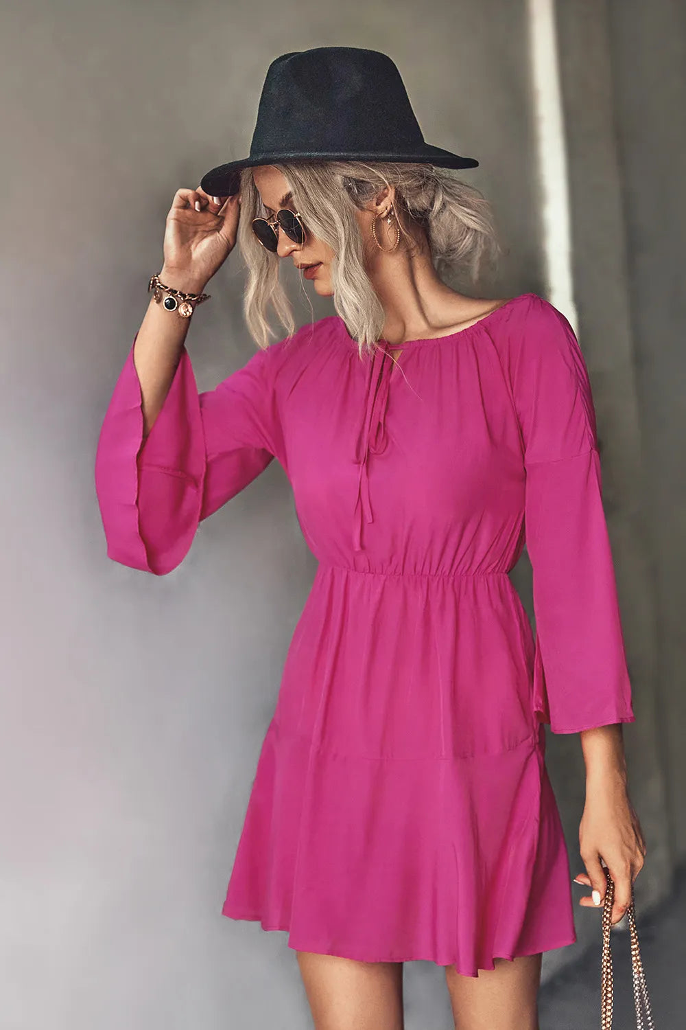 Tie-Neck Flare-Sleeve Mini Dress – view 5